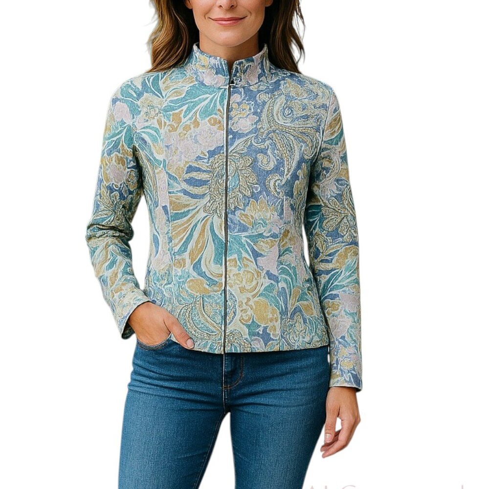 Chico's Colorful Floral Cotton Lined Zip Closure Lightweight Jacket Size 0 / S
